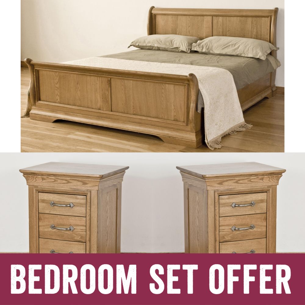 French Oak Super King Bed and Bedside Cabinets